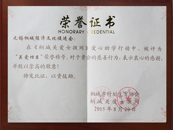 2015年關(guān)愛工程榮譽證書